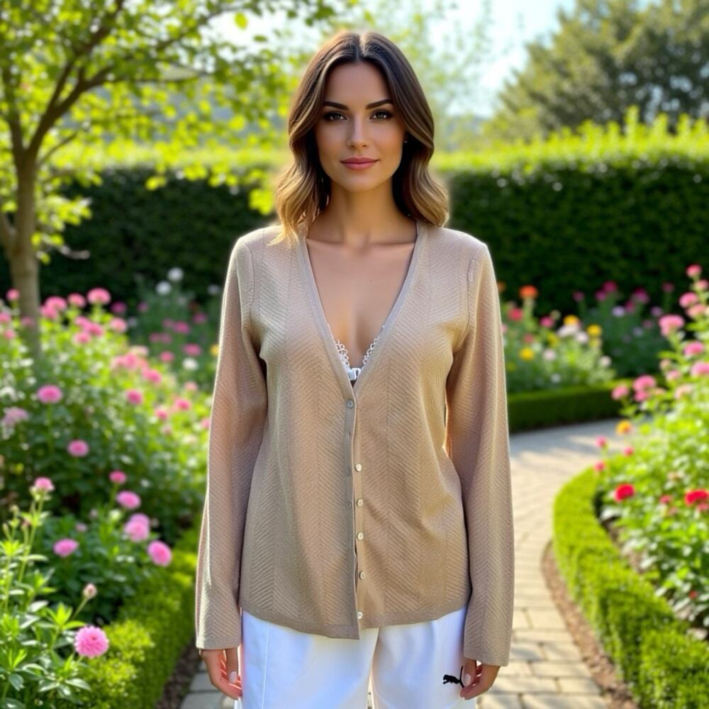 Grace Dane Lewis Cardigan Sweater L Gold Silver Metallic Long Sleeve Button Up